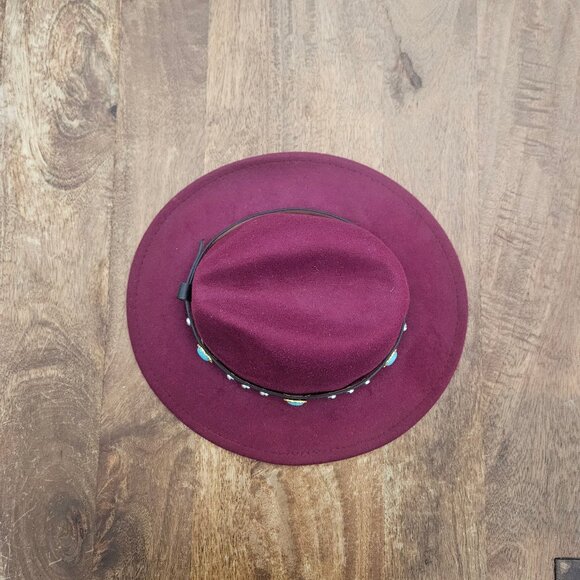 Fedora Style Hat Womens Burdundy Felt Western Turquoise Silver Accents - Picture 4 of 7